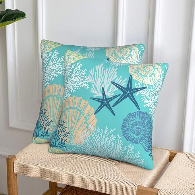 Coastal Beach Pillow Covers 18x18 Set of 2, Starfish Coral Seahorse Throw Pillow Covers Outdoor Decorative Pillow Case for Couch Bed Sofa Cushion Home Decor
