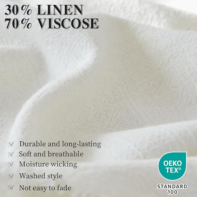 Simple&Opulence Boho Fringed Linen Throw Blanket for Bed, Couch, 50”x70” Pre-Washed Vintage Decorative Woven Blanket with Tassels, Breathable Durable Cozy Farmhouse for All Seasons (Ivory)