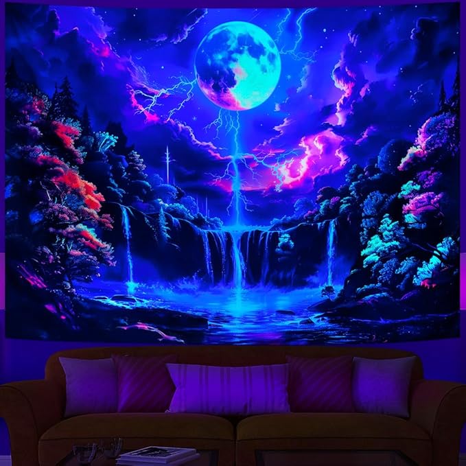 Heopapin Blacklight Tapestry Fantasy Moon Lightning Tapestries UV Reactive Tapestry Magic Waterfall Forest Landscape Tapestries Wall Hanging for Bedroom L59×W51