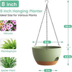 4 Pack 8 Inch Self Watering Hanging Planters for Indoor Outdoor Plants，Hanging Pots for Plants with Drainage Removable Tray, Hanging Baskets Flower Pots for Pothos Spider Garden Green with Brown