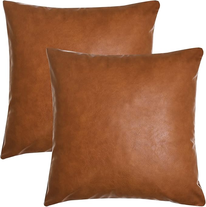 Tosewever Faux Leather Throw Pillow Covers, 16 x 16 inch Set of 2 Luxury Cognac Brown Modern Pillowcases Solid Decorative Square Cushion Cases for Bedroom Living Room Couch Bed Sofa (Brown, 16" x 16")