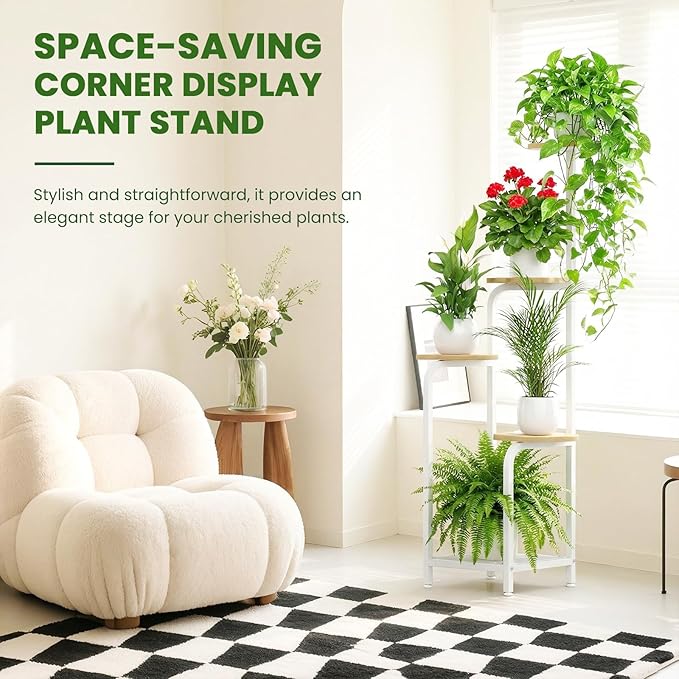 TOSKING 5 Tier Metal Anti-Tip Plant Stand indoor, Wide Base for Pots, Child and Pet Friendly ,Heavy Duty Plant Shelf , Corner Shelf, Flower Pot Stand for Multiple Plants, Indoor Plants Tiered Stand for Living Room Balcony Garden Patio Bedroom (White an...