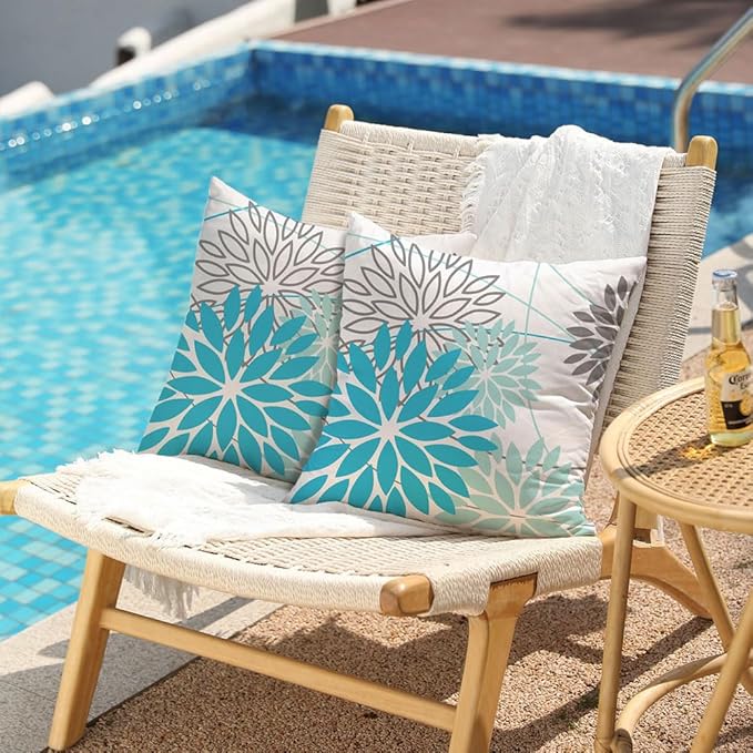DFXSZ Outdoor Waterproof Summer Pillow Covers 16x16 Set of 2 Blue Floral Decorative Pillowcase for Patio Furniture 01S16