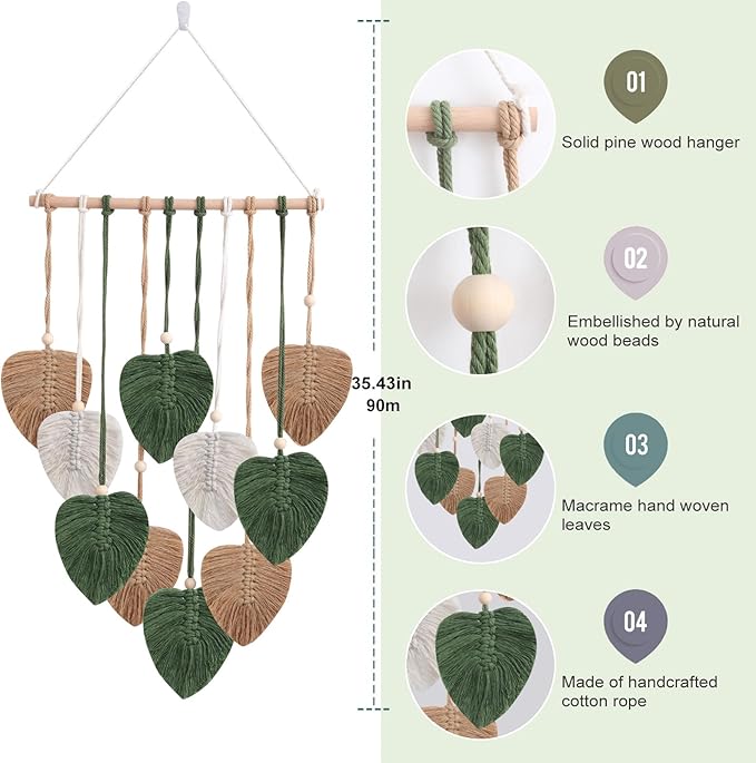 Easemykit Wall Hanging Decor Leaves Tapestry, Boho Macrame Wall Decor Tapestry Woven Feather Handmade Yarn Tassels Leaf Macrame Wall Art Decorations for Living, Bedroom, Office,Nursery,Apartment Room,16x26 Inch(Brown Green)