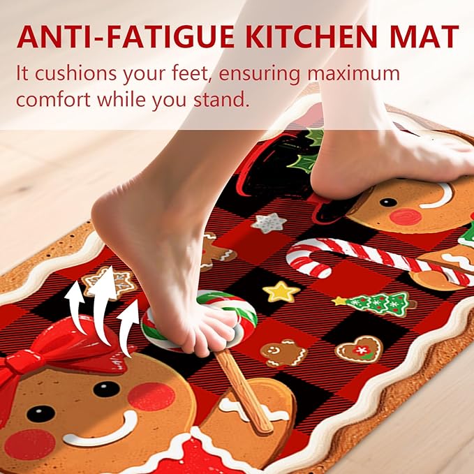 Christmas Rugs for Kitchen Floor, Gingerbread Man Mats for Kitchen Floor Non Slip, 2PCS Rubber Kitchen Mat, Washable Cushioned Runner Carpet Rug for Sink Laundry 15.7"×27.5" +15.7"×47" Red 3.5mm