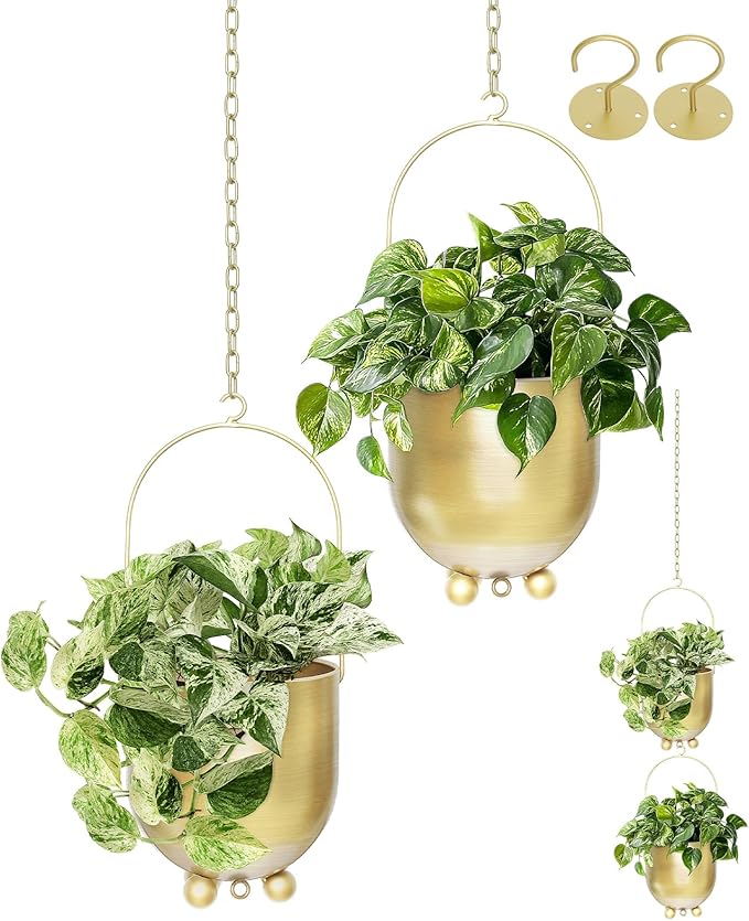 AceList Boho Hanging Planter,6.3 inch Set of 2 Gold Metal Plant Hanger with Hooks and Chains, Modern Wall & Ceiling Planters Outdoor/Indoor Hanging Planter for Window, Porch, Balcony and Home Décor
