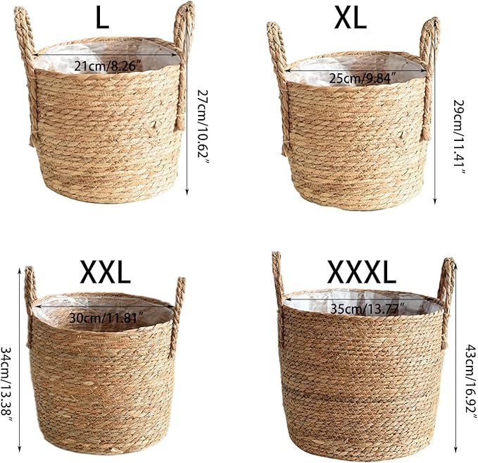 Woven Straw Flower Pot, Sea-Grass Planter Basket, Wicker Rattan Vase Sundries Organizers Storage Bins, Hand Woven Basket Planter with Plastics Liners and Handle - L 8.26x10.63inch