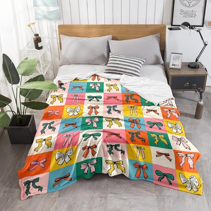Colorful Bow Throw Blanket Preppy Blanket Coquette Flannel Soft Cute Bow Decor Lightweight Aesthetic Room Christmas Thanksgiving Decor Gifts for Women Girl for Sofa Couch Travel Bed 30"x40"