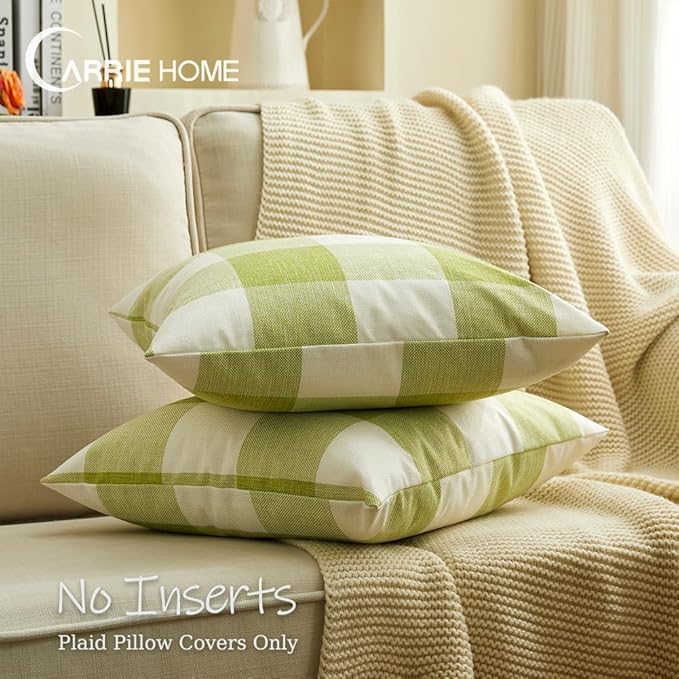 CARRIE HOME Spring Outdoor Green Plaid Pillow Covers 18x18 Set of 2, Green Farmhouse Buffalo Plaid Throw Pillows, Spring Outdoor Front Porch Decor Gingham Pillow Covers (No Pillow Inserts)