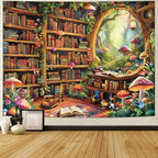 Lahasbja Blacklight Bookshelf Tapestry UV Reactive Magical Library Wall Hanging Fantasy Fairy Mushroom Forest Wall Tapestries Plants Bookcase Background for Bedroom