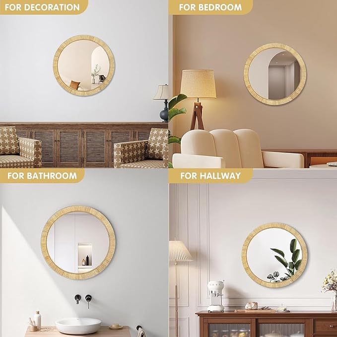 Decorative Rattan Wall Mirror, Boho Bathroom Modern Makeup Mirror, Rustic Wall Bohemia Mirrors for Bedroom, Living Room, Vanity Versatile Farmhouse, Nursery, Bathroom, 24"x24", Round
