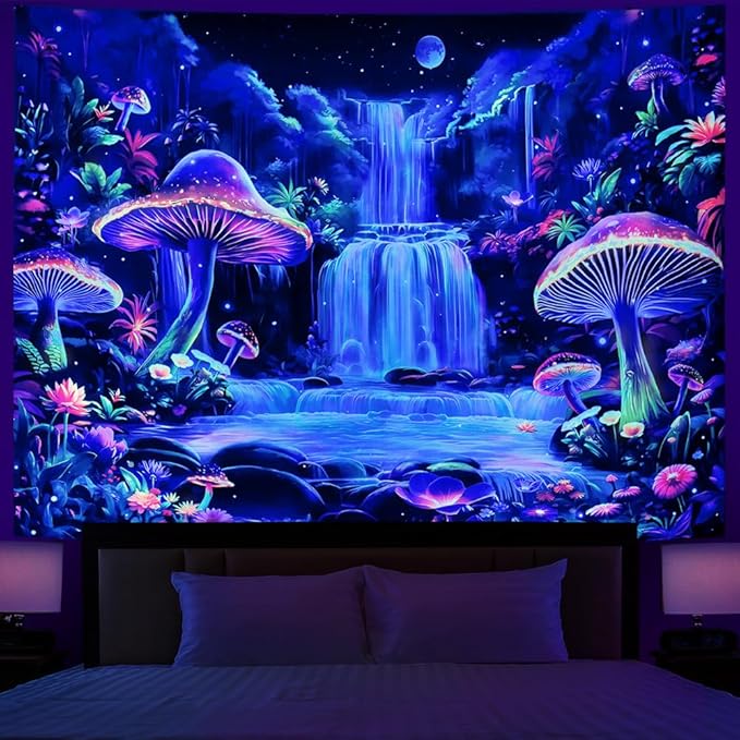 Dermijer Blacklight Tapestry Fantasy Mushroom Forest Tapestry UV Reactive Waterfall Tapestries Moon Night Neon Flower Landscape Wall Hanging for Home Decor L92.5×W70.8