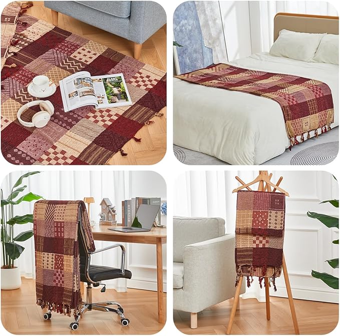 amorus Bohemian Throw Blanket (Red Plaid, 60 x 75 in)