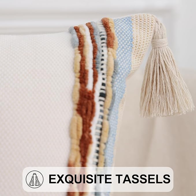 Simmore Boho Decorative Throw Pillow Covers 18x18 Set of 2, Tufted Farmhouse Pillow Covers with Tassels for Cozy Bohemian Couch Sofa Bedroom Home Decor, Blue