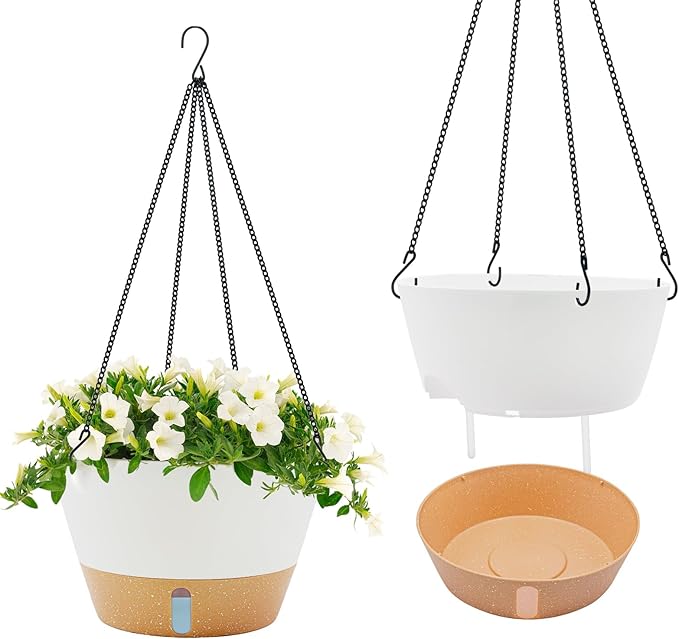 ZMTECH 2 Pack 12 Inch Hanging Planters for Indoor Plants, Large White Self Watering Hanging Planter with Visible Water Level & Removable Tray, Decorative Flower Pots for Outdoor Garden