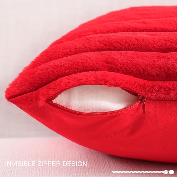 Pallene Faux Fur Plush Christmas Throw Pillow Covers 20x20 Set of 2, Luxury Soft Fluffy Striped Decorative Pillow Covers for Sofa, Couch, Living Room, Red