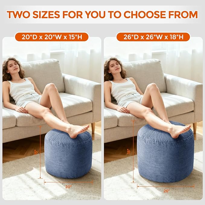 Pouf Ottoman Foot Rest, Comfortable & Soft, Round Footstool for Living Room, Bedroom, Office, Room Decoration, Corduroy Foot Stool Pouf with Odorless & Anti-Clump Filling, Small Navy