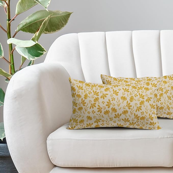 Yellow Floral Pillow Covers 12x20 Set of 2 Vintage Rustic Old Style Cute Small Flower Yellow Cream Print Decorative Outdoor Pillowcases Farmhouse Throw Cushion Case Decor for Couch Sofa Bed