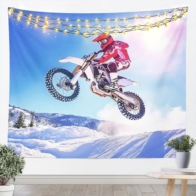 Erosebridal Motocross Rider Tapestry, Men Dirt Bike Wall Blanket, Motorcycle Extreme Sport Games Wall Hanging, Motorbike Snow Winter Bedroom Decor Xlarge 70x92