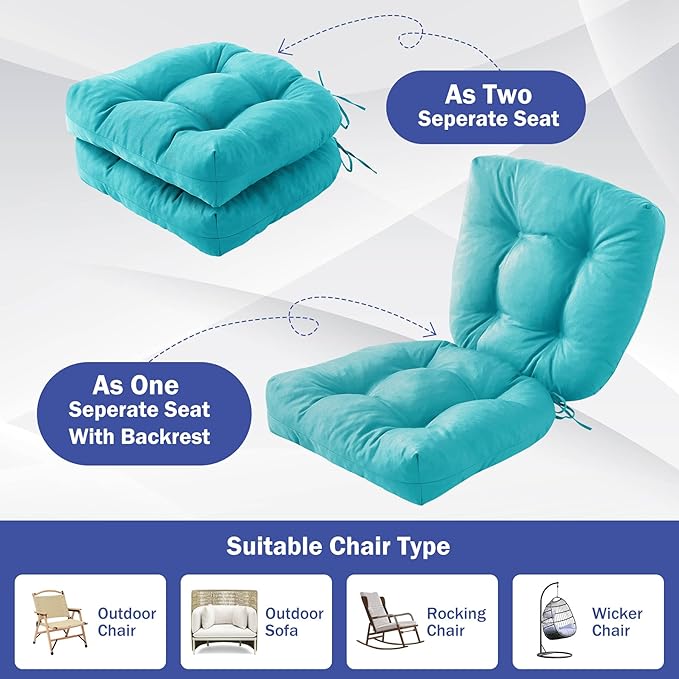 Outdoor Chair Cushions Set of 4, Patio Chair Cushions with Ties, 19x19+5” Tufted Outdoor Seat Cushions, Waterproof Patio Furniture Cushions, Outdoor Dining Chair Pads, Teal