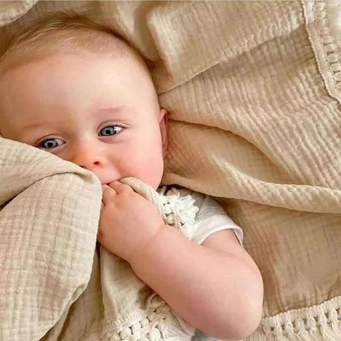 insular Cotton Muslin Baby Blanket with Tassel, Boho Bohemian Muslin Swaddle Blanket Baby Receiving Blanket with Fringe, Nursery Decor Throw or Nursing Blankets, 47" x40”, Flower