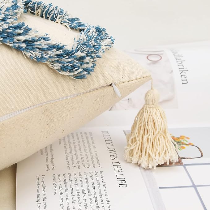 JASEN Boho Decorative Throw Pillow Cover，Blue and Beige Woven Tufted Pillow Cover with Tassels Bohemia Pillow Covers for Couch Sofa Bedroom Living Room 18x18 Inch