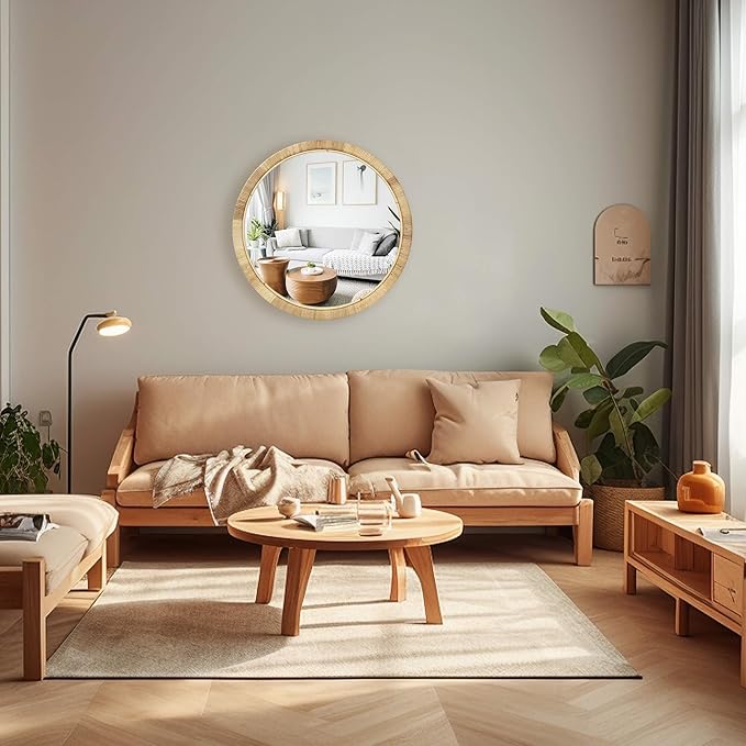Rattan Bathroom Mirror, Rattan Mirrors for Wall, 28inch Round Mirror Boho Frame for Bathroom Farmhouse Bedroom Checkroom Livingroom Decor