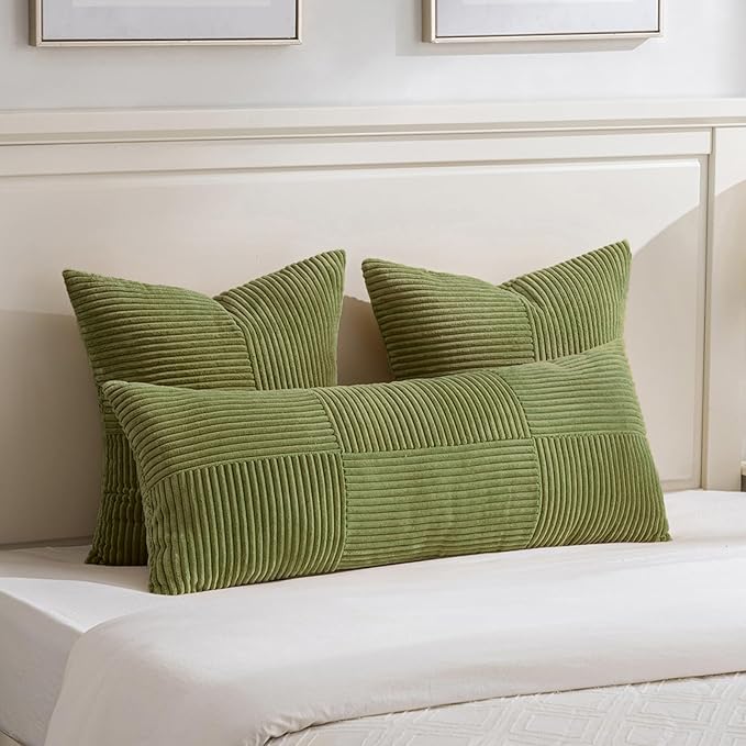 Fancy Homi Set of 2 Moss Green Boho Long Lumbar Body Decorative Throw Pillow Cover 14x36 Inch for Bed Couch Bedroom Bench, Soft Patchwork Corduroy Textured Pillow Case, Rustic Farmhouse Room Décor