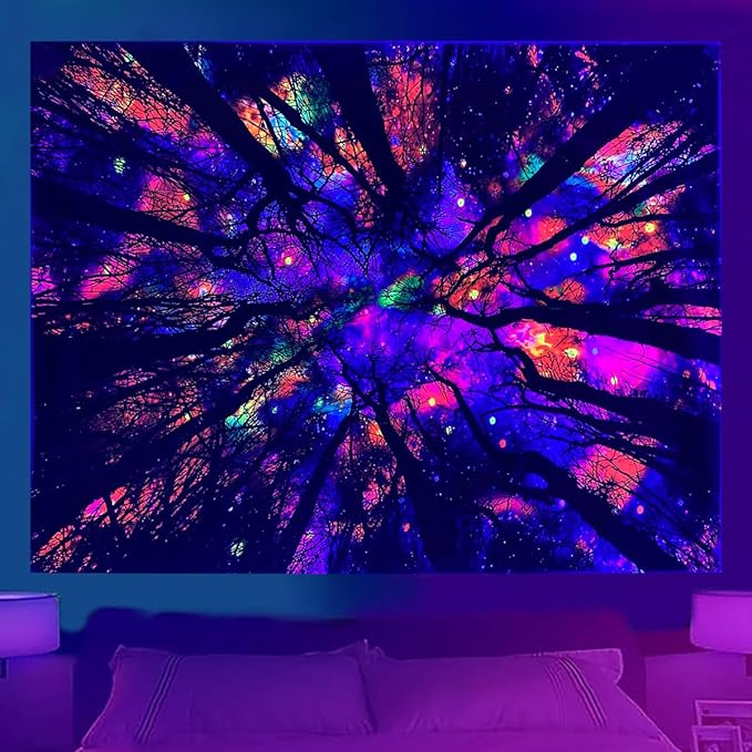 Blacklight Galaxy Forest Silhouette Tapestry for Bedroom Night Sky Ceiling Tapestry for Bedroom Decor Dark Forest Stars Tapestries Glow in the Dark Starry Night Tapestries UV Reactive Dorm Decor 51x59