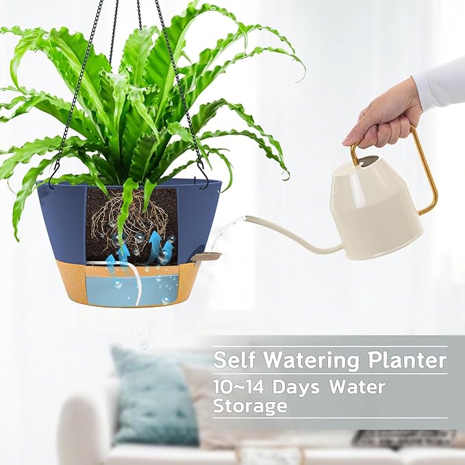 ZMTECH 12 Inch Hanging Planters for Indoor Plants, Large Blue Self Watering Hanging Planter with Visible Water Level & Heavy Duty Chain, Modern Flower Pots for Outdoor Patio Decor