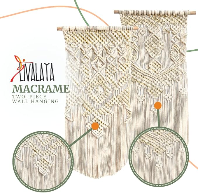 LIVALAYA Boho Macrame Wall Hanging Woven Decor, 24”L x 13”W, Set of 2, Beige wall decor Modern Bohemian Farmhouse woven wall hangings for House Apartment Dorm Room, Nursery, Geometric Aztec Décor