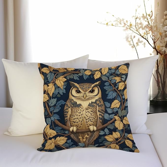 YOU FOUND ME William Morris Abstract Vintage Floral Velvet Owl Design Throw Pillow Covers Home Decor, Retro Art Decor Pillowcase Cushion Cover for Bed Sofa Living Room, Square 18x18inch (Owl)