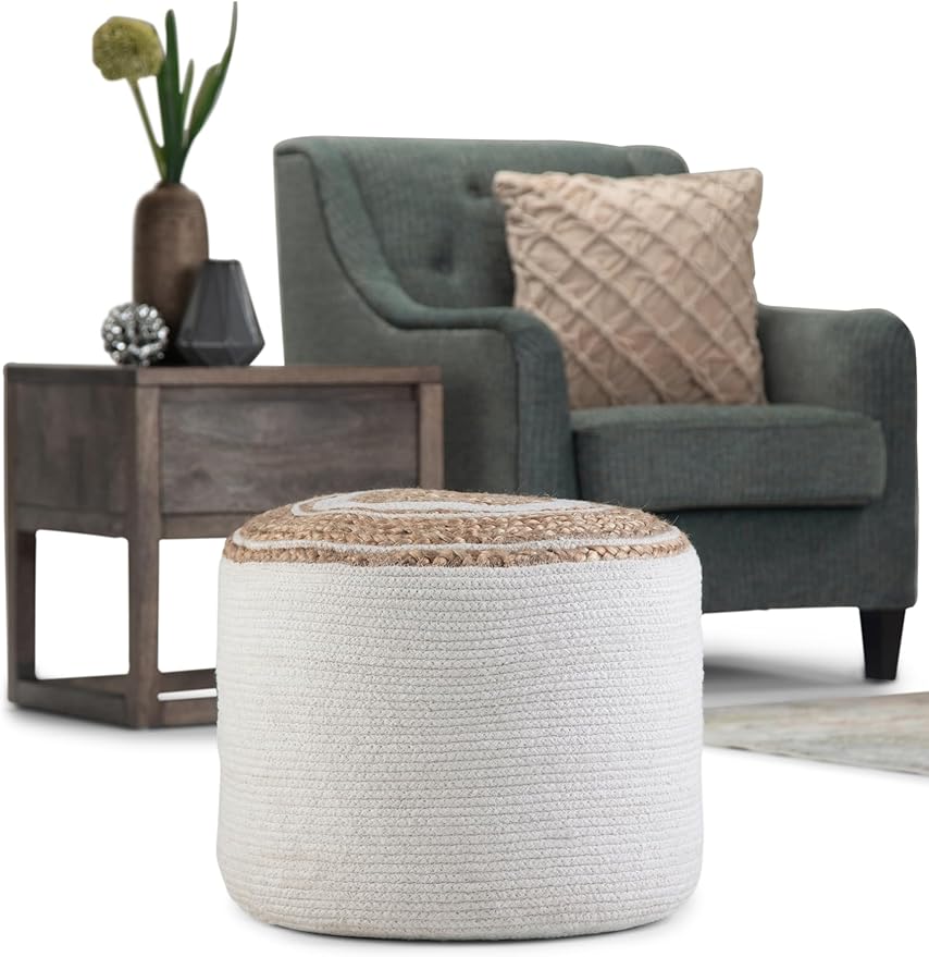 SIMPLIHOME Serena Round Braided Pouf - 18 inch Wide Upholstered Jute and Cotton Ottoman in Natural, Boho-Style Footstool or Extra Seating for Living Room with Polystyrene Bead Filling, Assembled