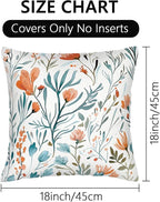 Turquoise Orange Floral Throw Pillows Covers 18x18 in Set of 2, Decorative Teal Orange Flower Square Pillowcase Pillowcovers for Couch Living Room Sofa Bedroom, Boho Cushion Covers, Spring Home Decor