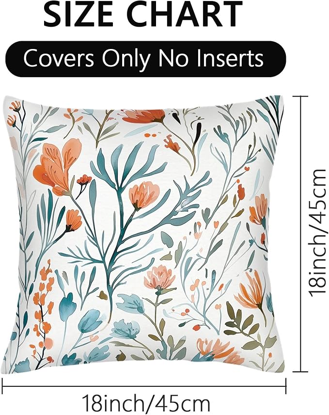 Turquoise Orange Floral Throw Pillows Covers 18x18 in Set of 2, Decorative Teal Orange Flower Square Pillowcase Pillowcovers for Couch Living Room Sofa Bedroom, Boho Cushion Covers, Spring Home Decor