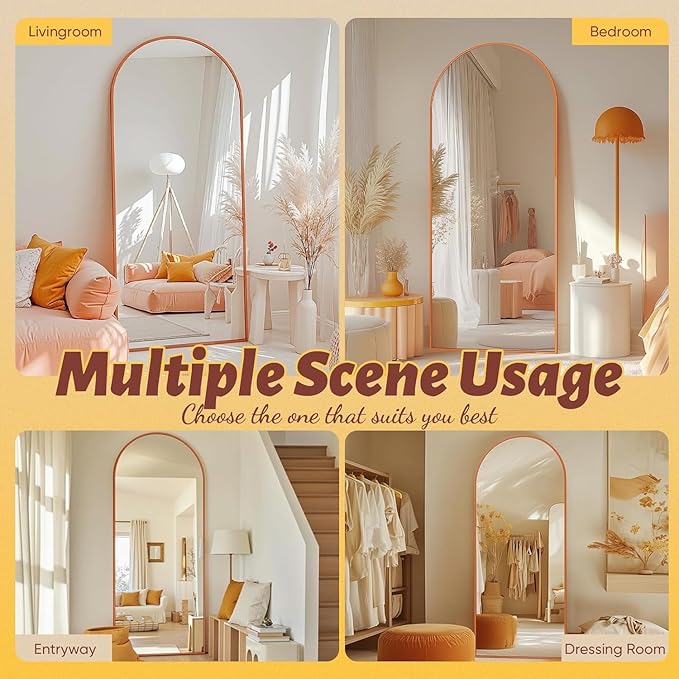 Antok 58" x18” Arched Full Length Floor Mirror, Orange Aluminum Frame, Free Standing/Wall Mount/Leaning for Bedroom, Living Room, Dressing Room