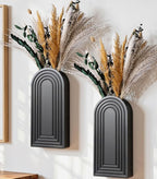 DREAMLOOM 2 Pack Wooden Wall Vases with Dried Pampas Grass and Eucalyptus Plants, Wall Hanging Planters Boho Modern Farmhouse Indoor for Narrow Spaces Entryway Bathroom Home Office Decoration, Black
