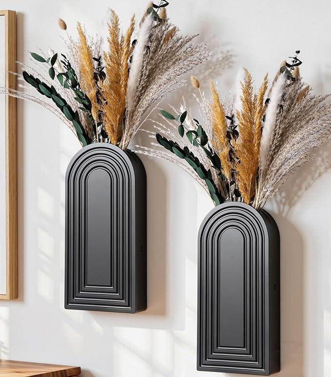 DREAMLOOM 2 Pack Wooden Wall Vases with Dried Pampas Grass and Eucalyptus Plants, Wall Hanging Planters Boho Modern Farmhouse Indoor for Narrow Spaces Entryway Bathroom Home Office Decoration, Black