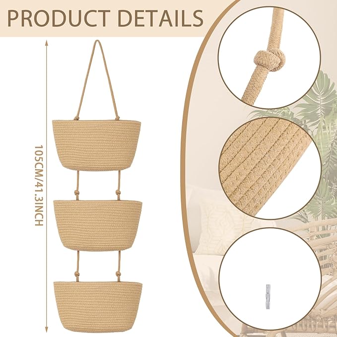 Xuhal Over The Door Hanging Basket Organizer Boho Woven Wall Baskets Storage 3 Tier Cotton Wall Mounted Decorative Bag Hanging Nursery Baskets for Books Flowers Toys Closet Living Room Bathroom
