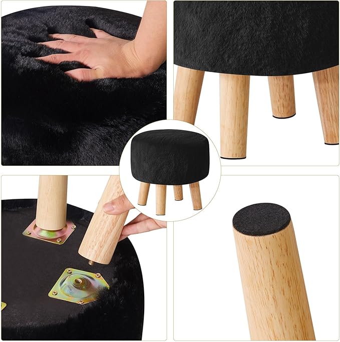YMYNY Round Pouf Ottoman Small Foot Stool Faux Fur Foot Rest for Couch Modern Boho Footstools with Wood Legs for for Living Room Bedroom Office,12.6" D×12.6" W×12.6" H Black UHBD035B