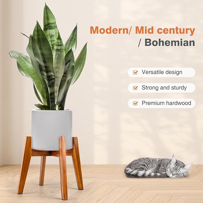 Acacia Wood Plant Stand for 9 Inch Pots, Mid Century Modern Indoor Plant Stand, Solid Hardwood, Non-Adjustable Flower Pot Holder for Home and Patio Décor