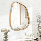 Irregular Bathroom Mirror Modern Wall Mirror Asymmetrical Wooden Framed Wall Mirror Unique Shape Wall Mounted Vanity Artistic Mirror Decor for Living Room Bedroom Entryway Large 26"x18"