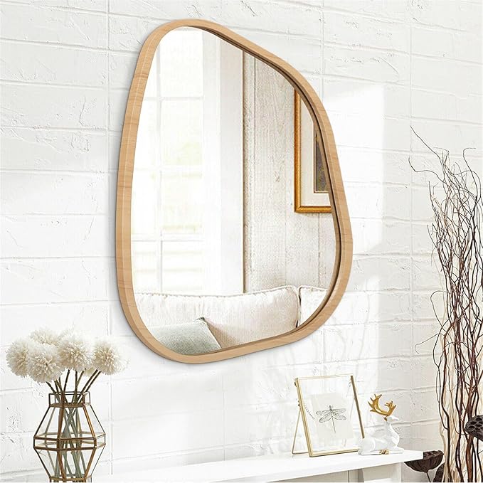 Irregular Bathroom Mirror Modern Wall Mirror Asymmetrical Wooden Framed Wall Mirror Unique Shape Wall Mounted Vanity Artistic Mirror Decor for Living Room Bedroom Entryway Large 26"x18"