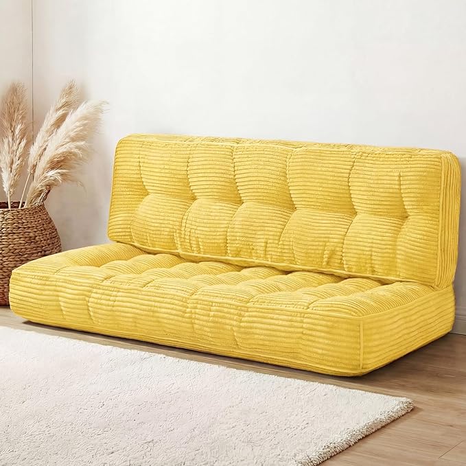 63 Inch Folding Bench Cushion, 4 Inch Thick 2-in-1 Convertible Long Floor Lounger Boneless Cushions Couch Mattress Upholstered for Yoga, Reading, Sleeping, Meditation Living Room(Yellow)