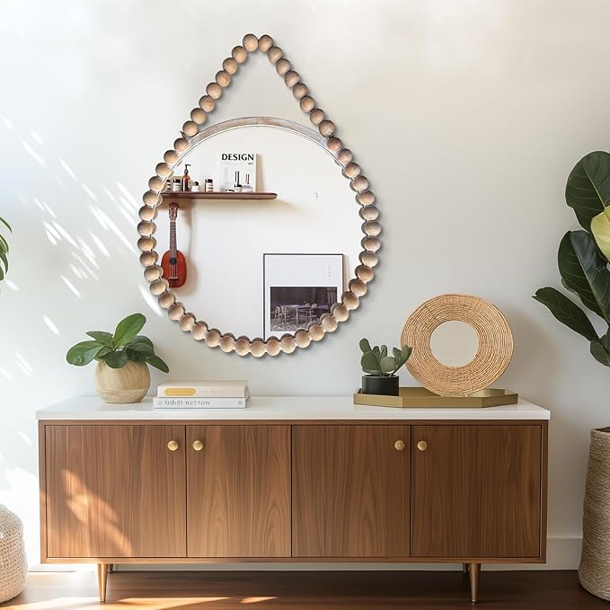 POZINO Wood Beaded Round Mirror, 28" Rustic Farmhouse Hanging Mirrors with Wooden Spherical Frame, Boho Circle Mirrors for Bathroom Bedroom Living Room Hallway Entryway Fireplace
