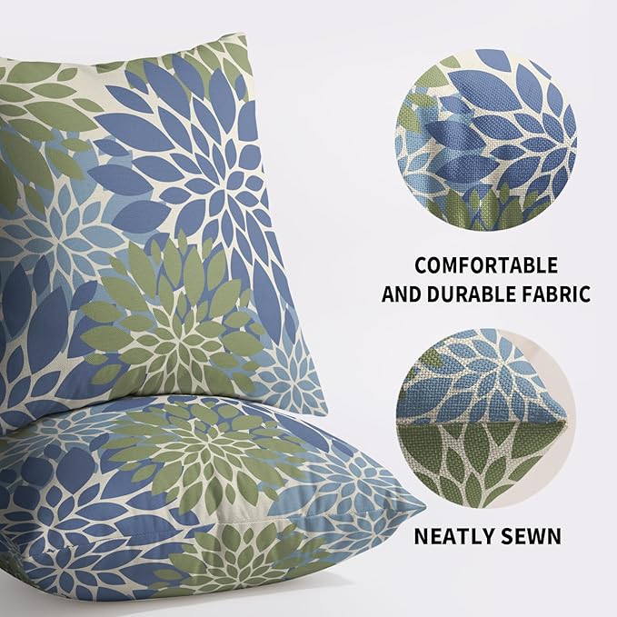 Blue Green Pillow Covers 18X18 Inch Set of 2, Spring Summer Floral Dahlia Flower Cream Decorative Throw Pillow Covers Outdoor Modern Farmhouse Cushion Case for Home Couch Sofa Bed Decor