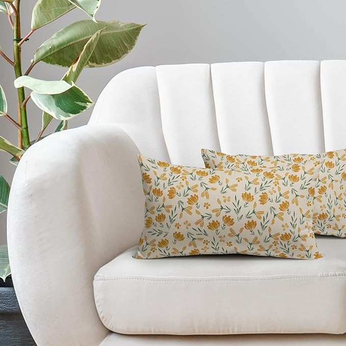 Green Yellow Floral Pillow Covers 12x20 Set of 2 Vintage Rustic Old Style Cute Small Flower Print Rectangle Decorative Outdoor Pillowcases Farmhouse Throw Cushion Case Decor for Couch Sofa Bed