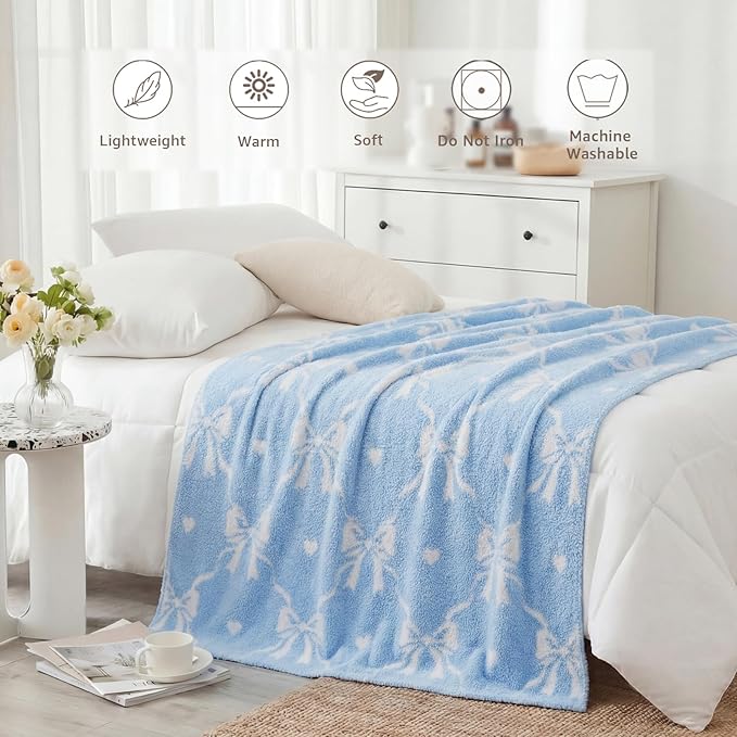 WRENSONGE Throw Blanket Diamond Bowknot Blue Soft Cozy Fluffy Warm Throw for Couch Sofa Bed Camping Picnic Travel Lightweight - 50"*60"
