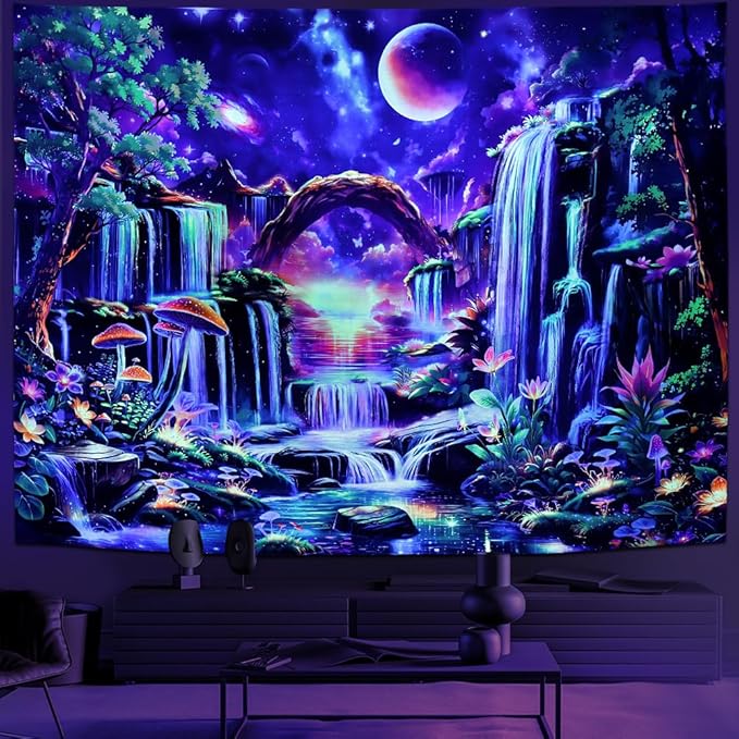 Huzuya Blacklight Fantasy Forest Tapestry Neon Waterfall Tapestries UV Reactive Galaxy Space Tapestry Colorful Floral Plants Tapestries Wall Hanging Backdrop Room Decor for Bedroom