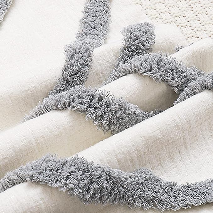 Boho Grey Lumbar Throw Pillow Cover 12x20 Inch with Tassels, Gray Geometric Tufted Cream Chenille Fabric Small Accent Textured Cushion Case for Bed Couch, 1 PC Cover Only No Insert
